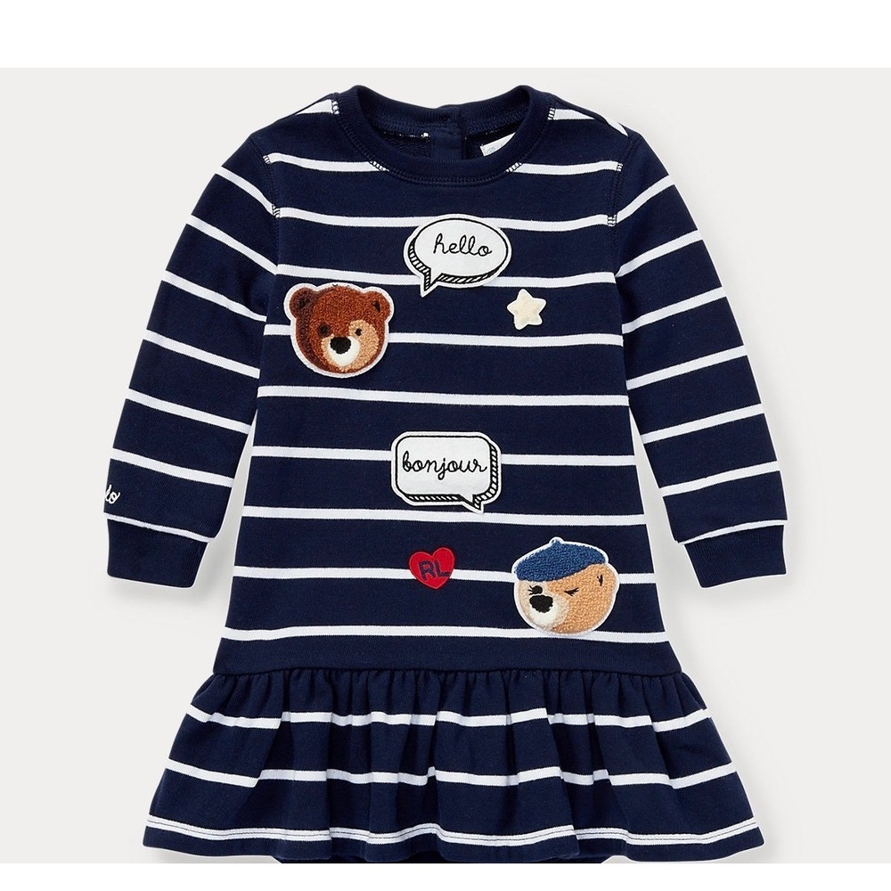 Ralph Lauren Baby Girls 24 M Striped Patch Bear Navy Long Sleeve Dress